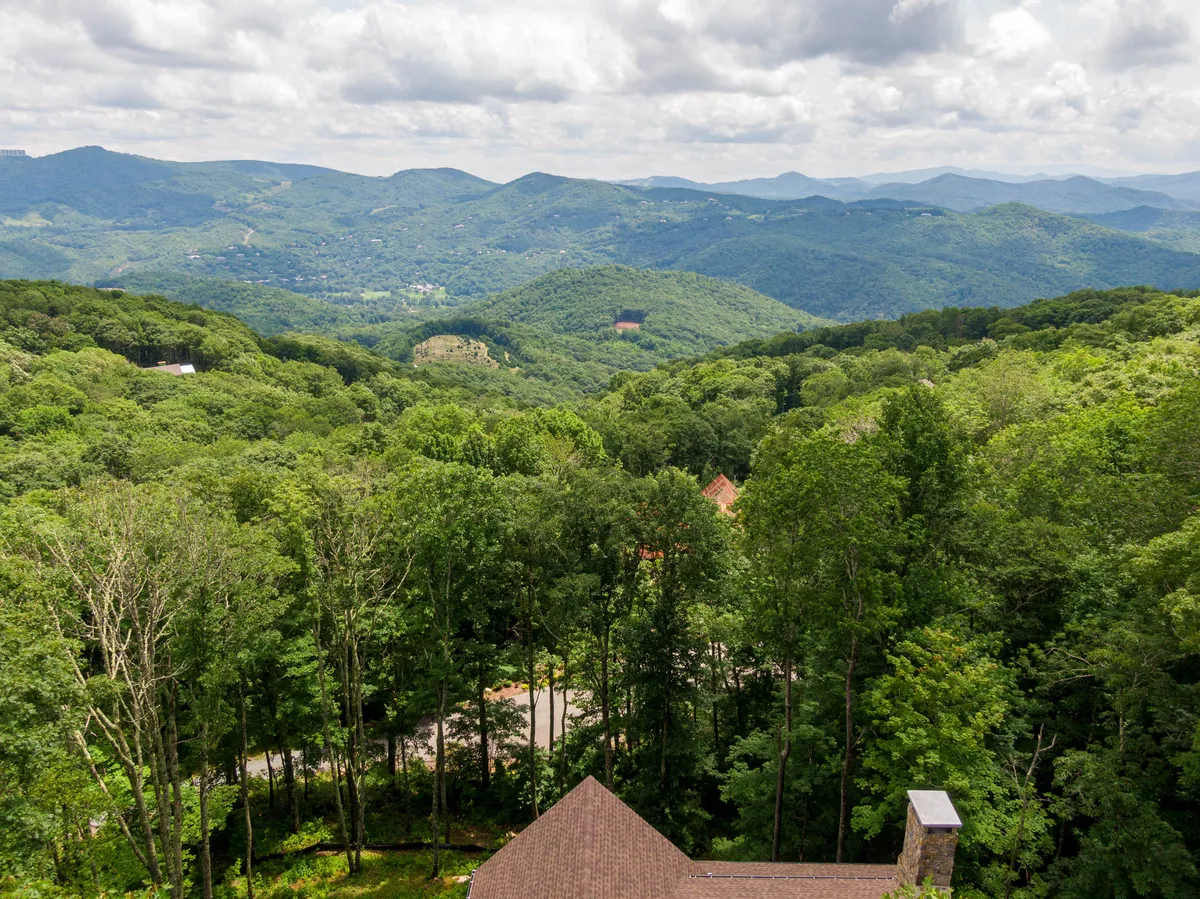 A breathtaking, wide-angle view of the surrounding mountain range and dense forests, with a clearing in the trees offering a sense of seclusion and grandeur. The scene evokes serenity and a connection to nature's beauty.