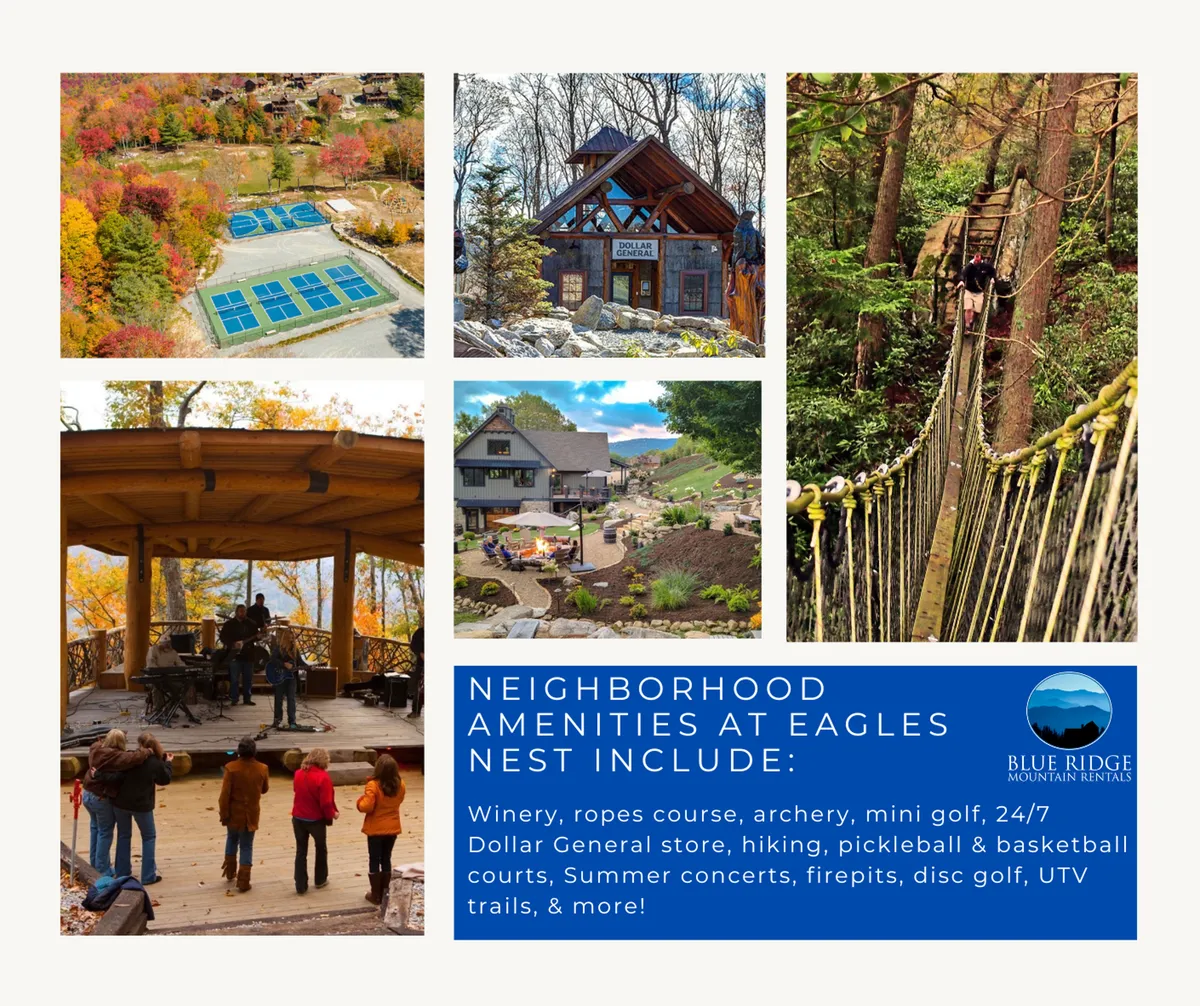 A lively outdoor scene featuring a variety of resort amenities, including a ropes course, wooden structures, a rope bridge, and colorful foliage. Several people are gathered in the communal area, suggesting ongoing activities like mini-golf, sports, and live music events. The setting is vibrant and communal, with views of the surrounding mountains and trails.